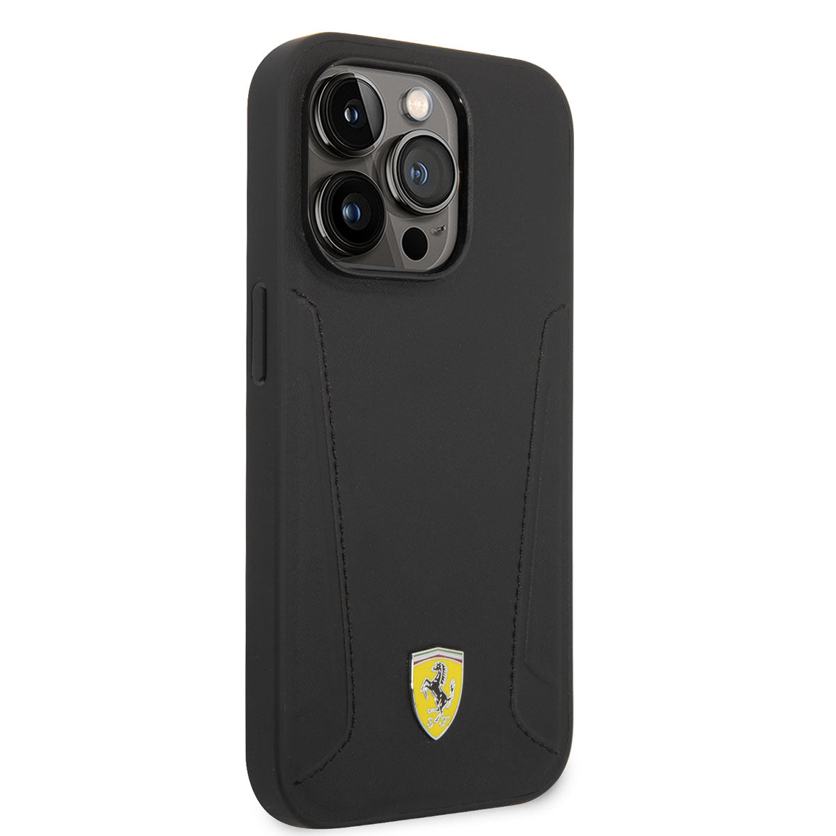 Apple iPhone 14 Pro Kılıf Ferrari M-safe Şarj Özellikli Deri Kenarları Damgalı Dizayn Kapak Siyah