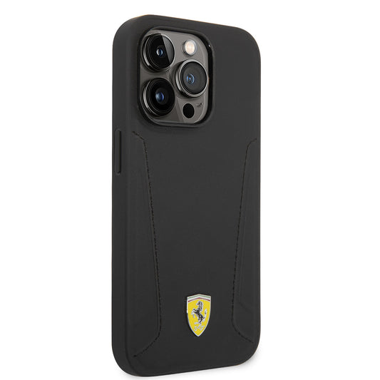 Apple iPhone 14 Pro Kılıf Ferrari M-safe Şarj Özellikli Deri Kenarları Damgalı Dizayn Kapak Siyah