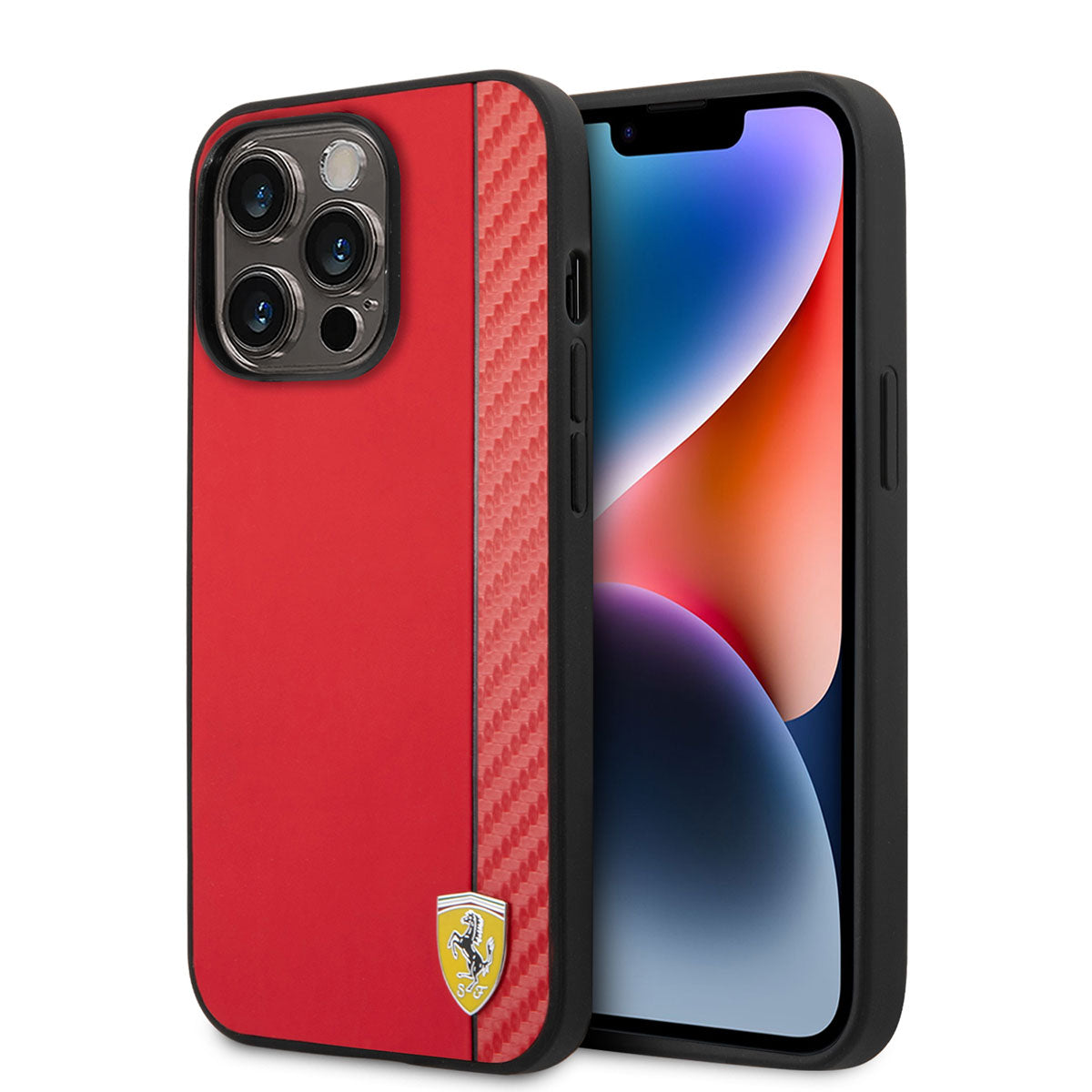 Apple iPhone 14 Pro Kılıf Ferrari M-safe Şarj Özellikli PU Deri Karbon Şeritli Dizayn Kapak Kırmızı