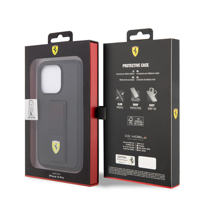 Apple iPhone 14 Pro Kılıf Ferrari Orjinal Lisanlı Klasik Metal Logolu Delikli Standlı Deri Kapak Siyah