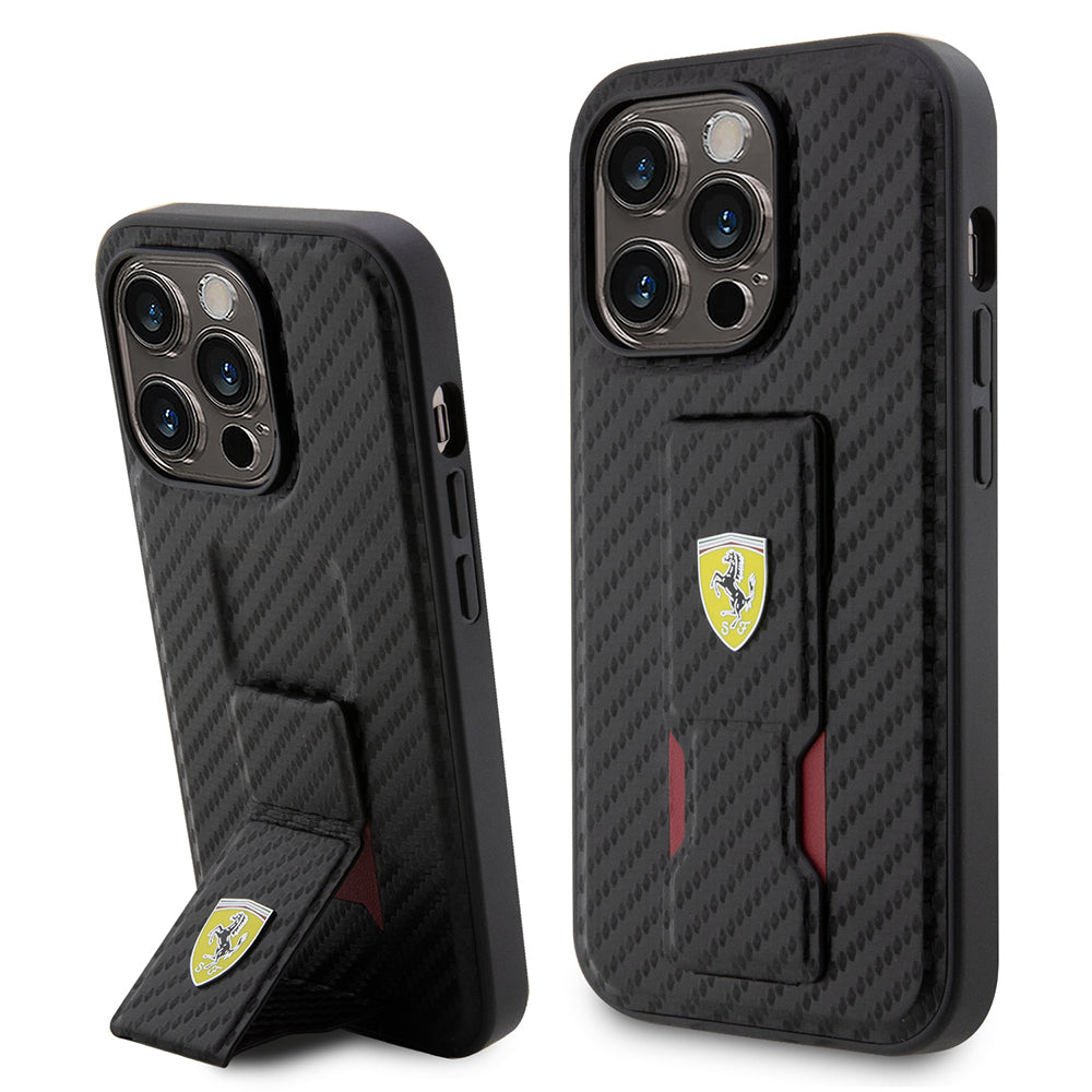 Apple iPhone 14 Pro Kılıf Ferrari Orjinal Lisanlı Klasik Metal Logolu Delikli Standlı Karbon Kapak Siyah