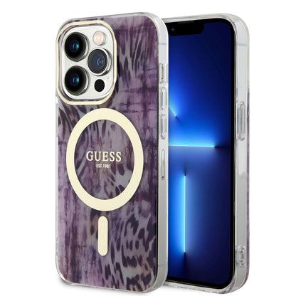 Apple iPhone 14 Pro Kılıf GUESS M-safe Şarj Özellikli Leopar Desenli Kapak Kahverengi