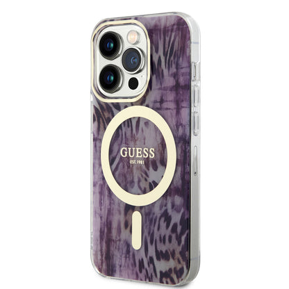 Apple iPhone 14 Pro Kılıf GUESS M-safe Şarj Özellikli Leopar Desenli Kapak Kahverengi
