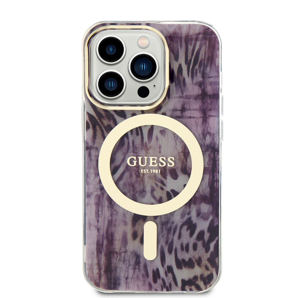 Apple iPhone 14 Pro Kılıf GUESS M-safe Şarj Özellikli Leopar Desenli Kapak Kahverengi