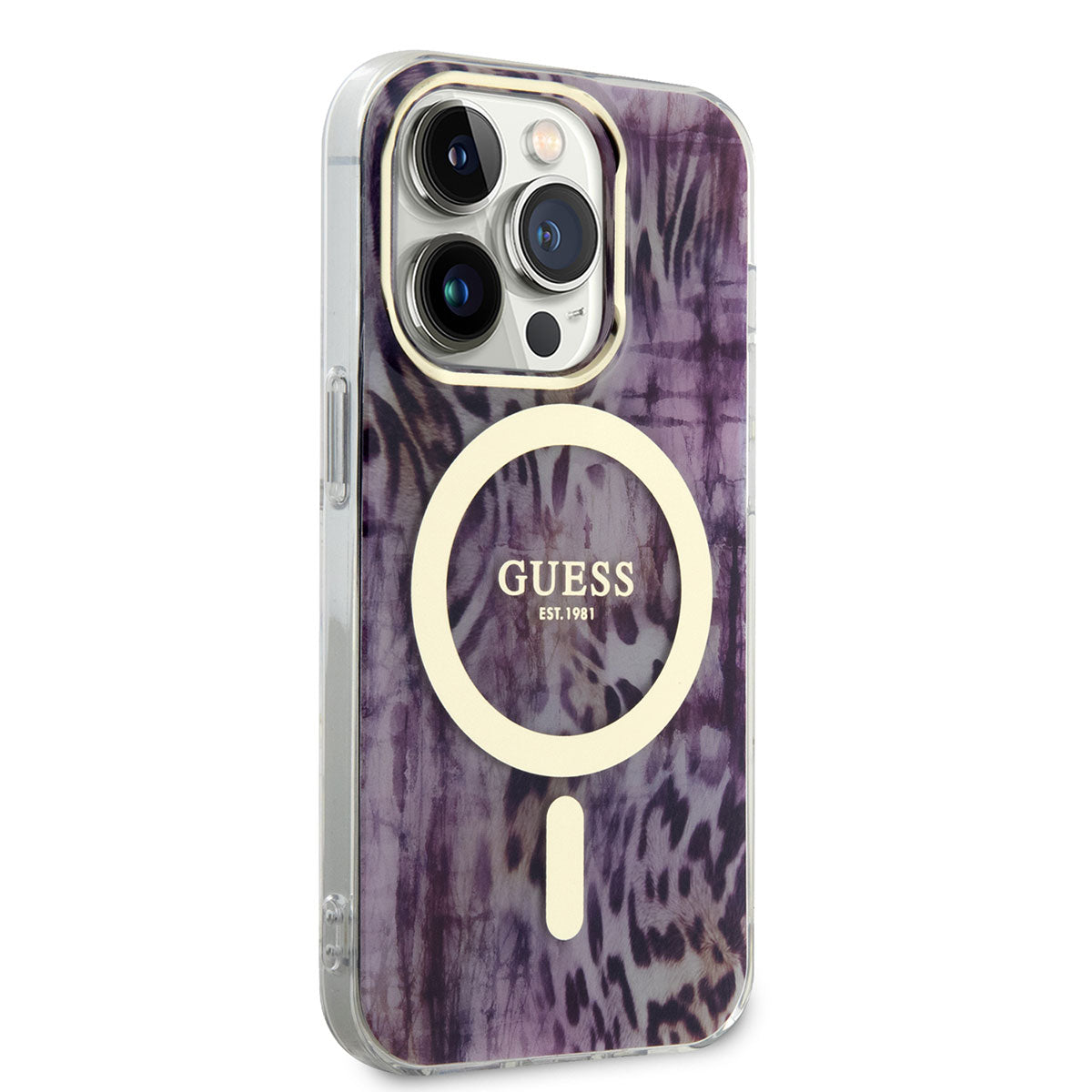 Apple iPhone 14 Pro Kılıf GUESS M-safe Şarj Özellikli Leopar Desenli Kapak Pembe