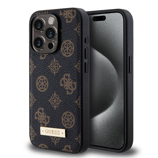 Apple iPhone 14 Pro Kılıf Guess M-safe Şarj Özellikli PU Deri Desenli Metal Plaka Logolu Kapak Siyah