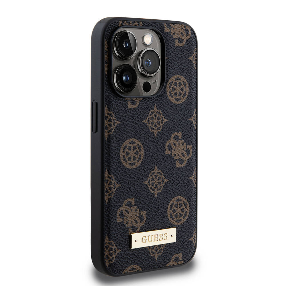 Apple iPhone 14 Pro Kılıf Guess M-safe Şarj Özellikli PU Deri Desenli Metal Plaka Logolu Kapak Siyah