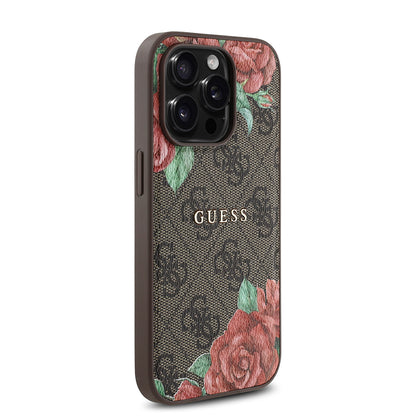 Apple iPhone 14 Pro Kılıf Guess Orjinal Lisanslı M-safe Şarj Özellikli Gül Baskılı 4G Desenli Yazı Logolu Kapak Siyah