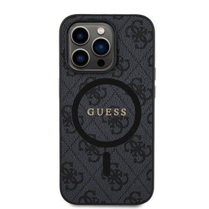 Apple iPhone 14 Pro Kılıf Guess Orjinal Lisanslı M-safe Şarj Özellikli PU Halkalı 4G Desenli Yazı Logolu Kapak