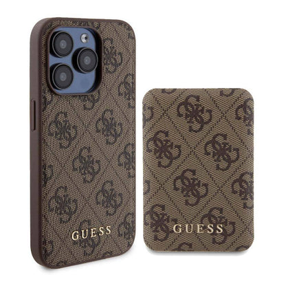 Apple iPhone 14 Pro Kılıf Guess Orjinal Lisanslı M-safe Şarj Özellikli Yazı Logolu 4G Desenli Kapak + Powerbank 5000mAh 2in1 Set Kahverengi