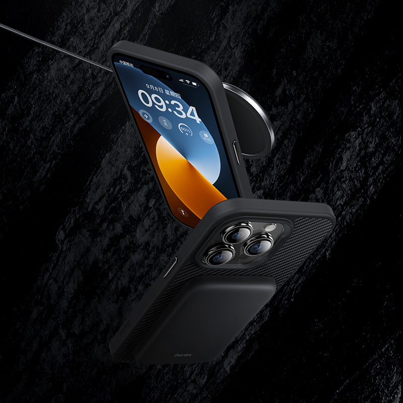 Apple iPhone 14 Pro Kılıf Karbon Fiber M-safe Şarj Özellikli Benks 600D Hybrid Kevlar Kapak Siyah