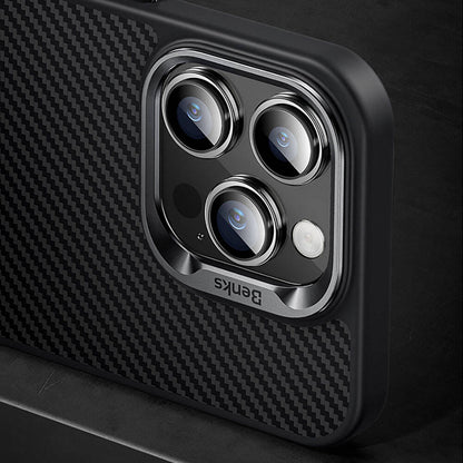 Apple iPhone 14 Pro Kılıf Karbon Fiber M-safe Şarj Özellikli Benks Hybrid ArmorPro 600D Kevlar Kapak Siyah