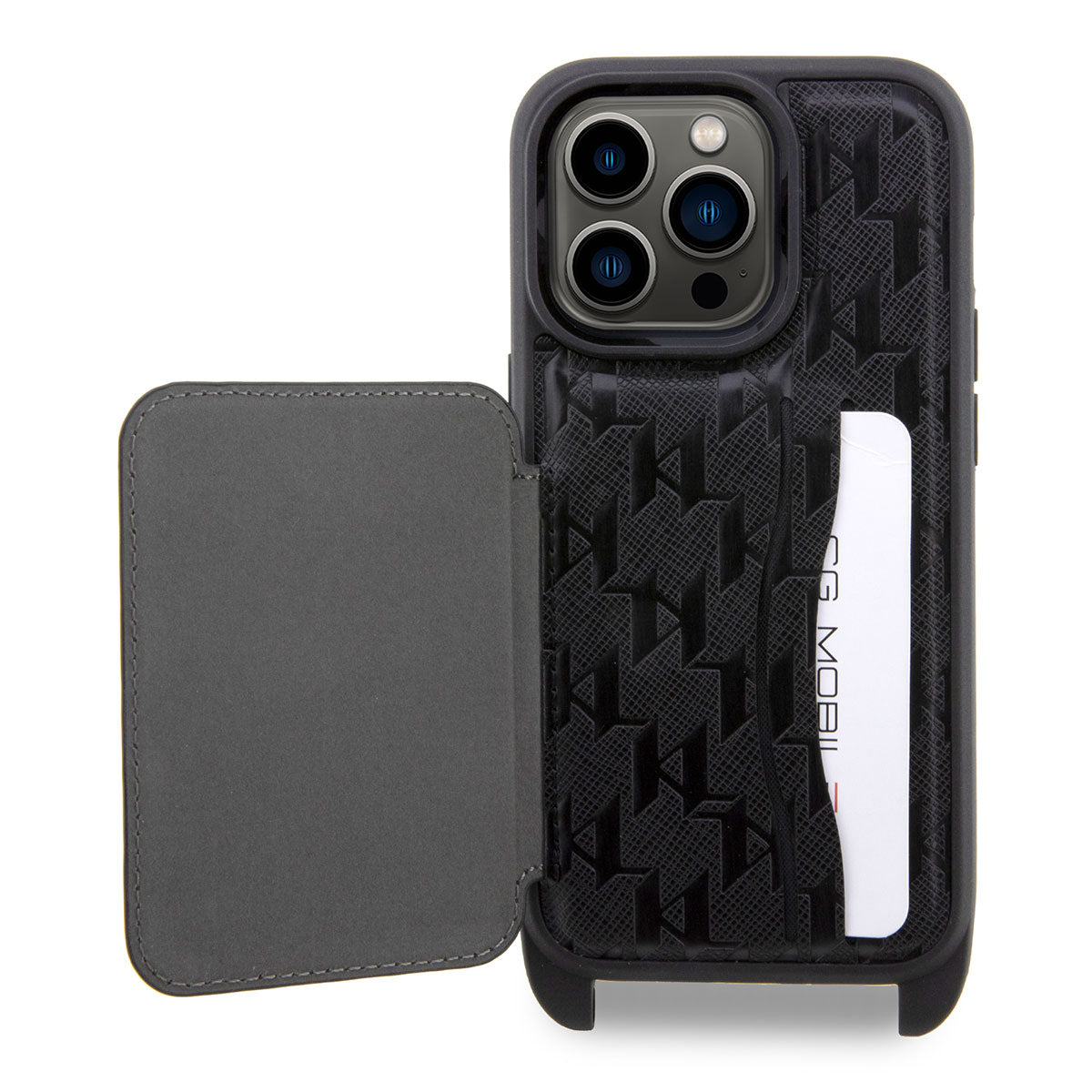 Apple iPhone 14 Pro Kılıf Karl Lagerfeld Boyun Askılı Kartlıklı Karl Dizayn Kapak Siyah