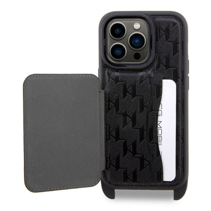 Apple iPhone 14 Pro Kılıf Karl Lagerfeld Boyun Askılı Kartlıklı Karl Dizayn Kapak Siyah