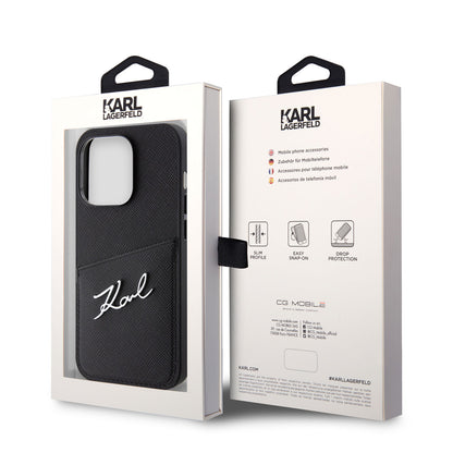 Apple iPhone 14 Pro Kılıf Karl Lagerfeld Saffiano Deri Kartlıklı Dizayn Kapak Siyah