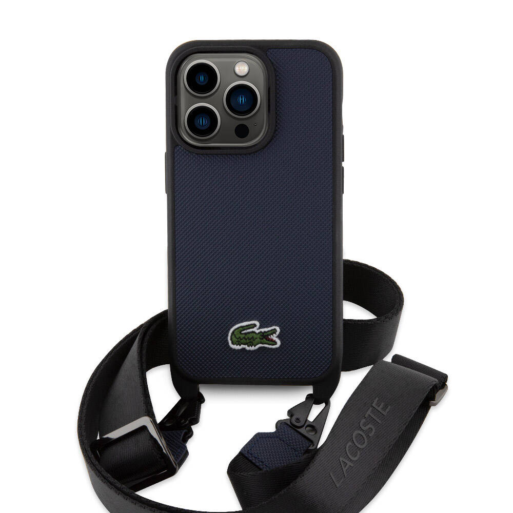 Apple iPhone 14 Pro Kılıf Lacoste Orjinal Lisanslı PU Pike Desenli Arka Yüzey Askılı İkonik Timsah Dokuma Logolu Kapak Lacivert