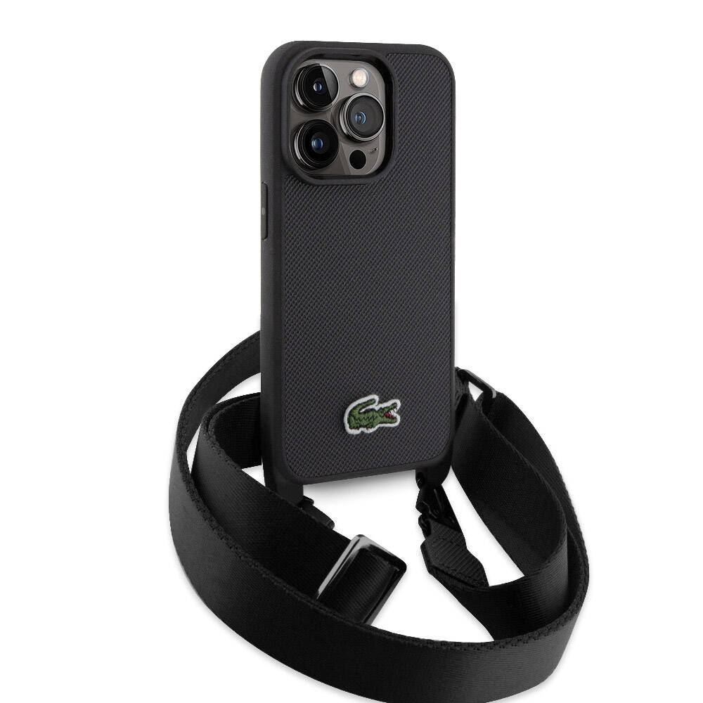 Apple iPhone 14 Pro Kılıf Lacoste Orjinal Lisanslı PU Pike Desenli Arka Yüzey Askılı İkonik Timsah Dokuma Logolu Kapak Lacivert