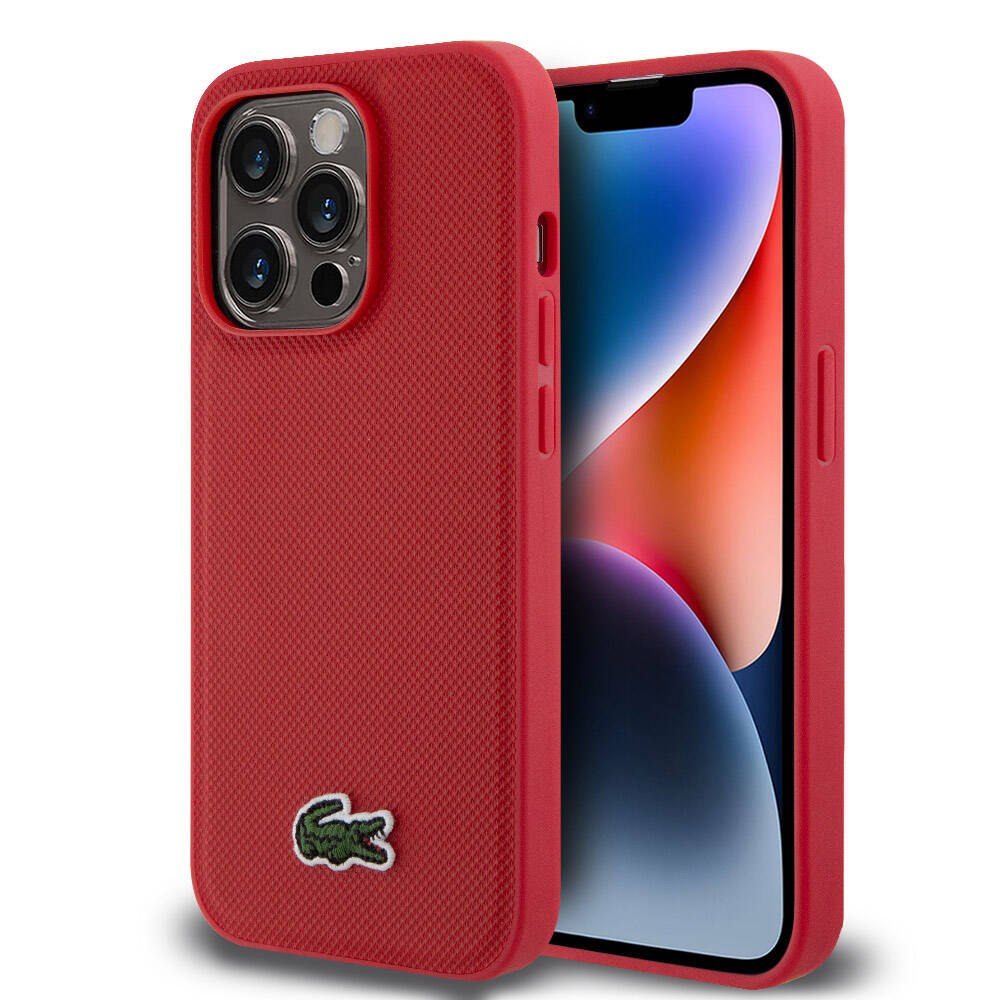 Apple iPhone 14 Pro Kılıf Lacoste Orjinal Lisanslı PU Pike Desenli Arka Yüzey İkonik Timsah Dokuma Logolu Kapak Kırmızı