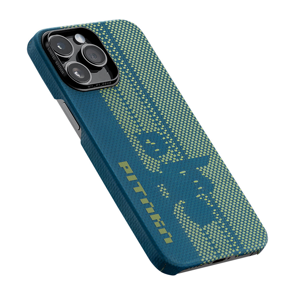 Apple iPhone 14 Pro Kılıf M-safe Şarj Özellikli Aramid Fiber Pitaka Tactile Woven Pixel Game Kapak Yeşil-Mavi