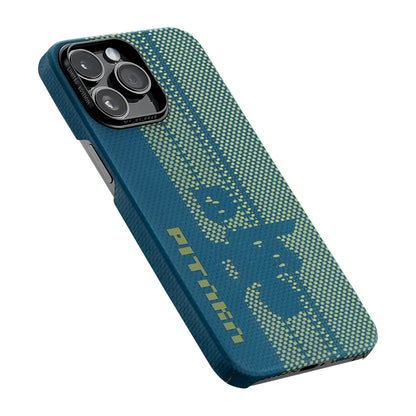 Apple iPhone 14 Pro Kılıf M-safe Şarj Özellikli Aramid Fiber Pitaka Tactile Woven Pixel Game Kapak Yeşil-Mavi