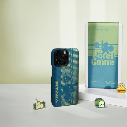 Apple iPhone 14 Pro Kılıf M-safe Şarj Özellikli Aramid Fiber Pitaka Tactile Woven Pixel Game Kapak Yeşil-Mavi