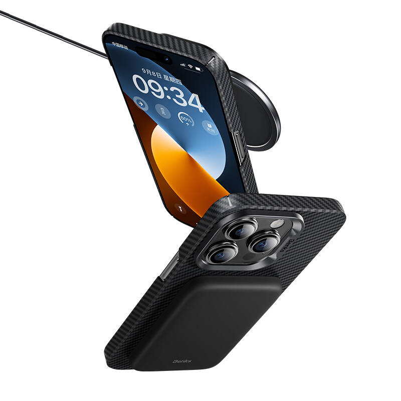 Apple iPhone 14 Pro Kılıf M-safe Şarj Özellikli Karbon Fiber Benks MFM Lisanslı 600D Essential Kevlar Kapak Siyah