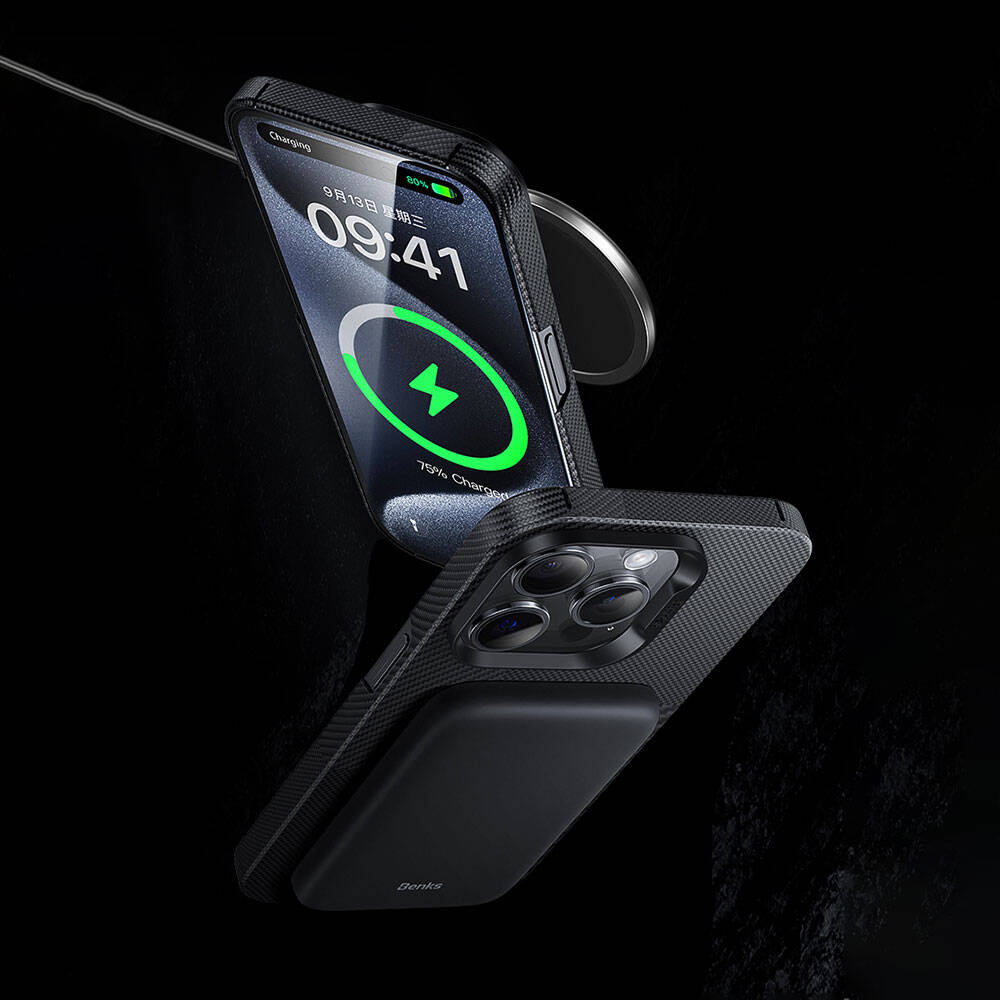 Apple iPhone 14 Pro Kılıf M-safe Şarj Özellikli Karbon Fiber Benks Montage ArmorAir Kevlar Kapak Siyah