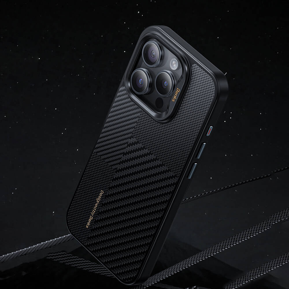 Apple iPhone 14 Pro Kılıf M-safe Şarj Özellikli Karbon Fiber Benks Montage Hybrid ArmorPro Kevlar Kapak Siyah