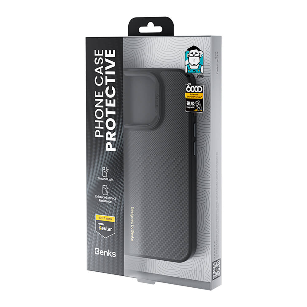 Apple iPhone 14 Pro Kılıf M-safe Şarj Özellikli Karbon Fiber Benks Montage Hybrid ArmorPro Kevlar Kapak Siyah