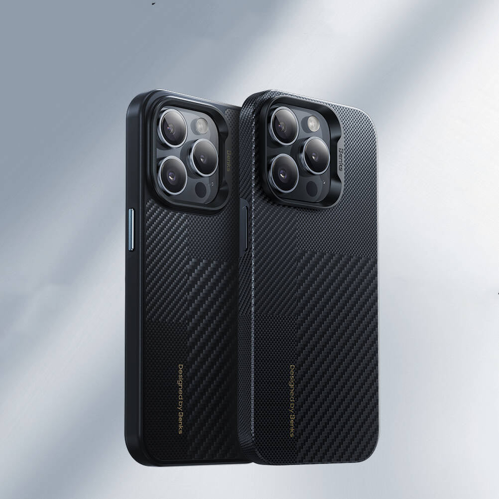 Apple iPhone 14 Pro Kılıf M-safe Şarj Özellikli Karbon Fiber Benks Montage Hybrid ArmorPro Kevlar Kapak Siyah