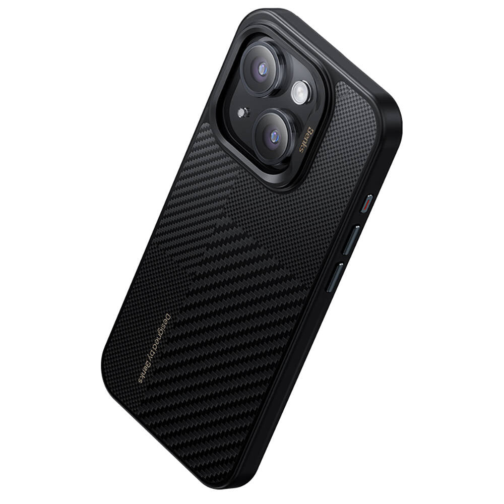 Apple iPhone 14 Pro Kılıf M-safe Şarj Özellikli Karbon Fiber Benks Montage Hybrid ArmorPro Kevlar Kapak Siyah