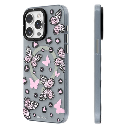 Apple iPhone 14 Pro Kılıf M-safe Şarj Özellikli Kelebek Desenli Youngkit Shadow Dance Serisi Kapak Pembe