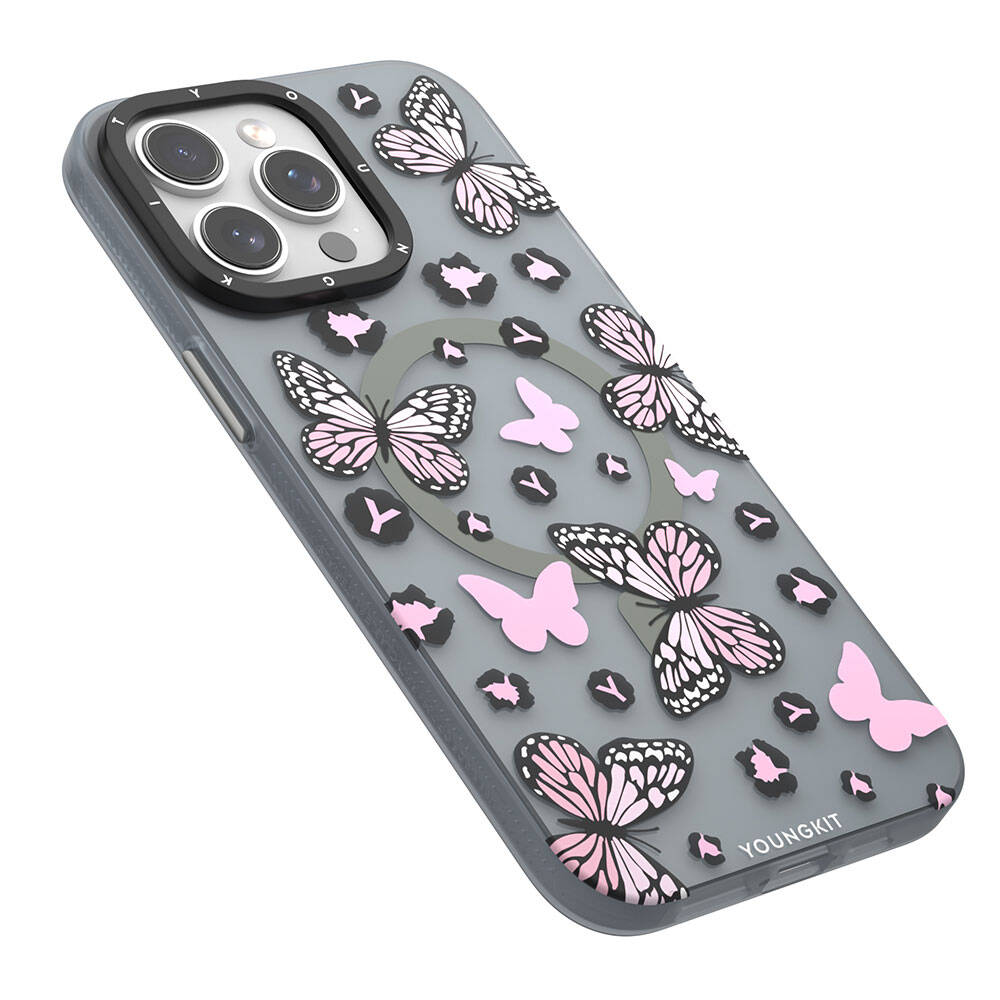 Apple iPhone 14 Pro Kılıf M-safe Şarj Özellikli Kelebek Desenli Youngkit Shadow Dance Serisi Kapak Pembe