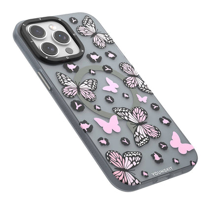 Apple iPhone 14 Pro Kılıf M-safe Şarj Özellikli Kelebek Desenli Youngkit Shadow Dance Serisi Kapak Pembe