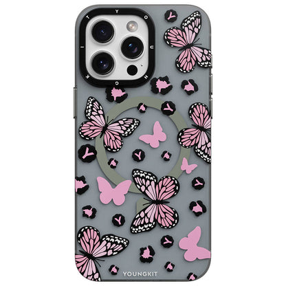 Apple iPhone 14 Pro Kılıf M-safe Şarj Özellikli Kelebek Desenli Youngkit Shadow Dance Serisi Kapak Pembe