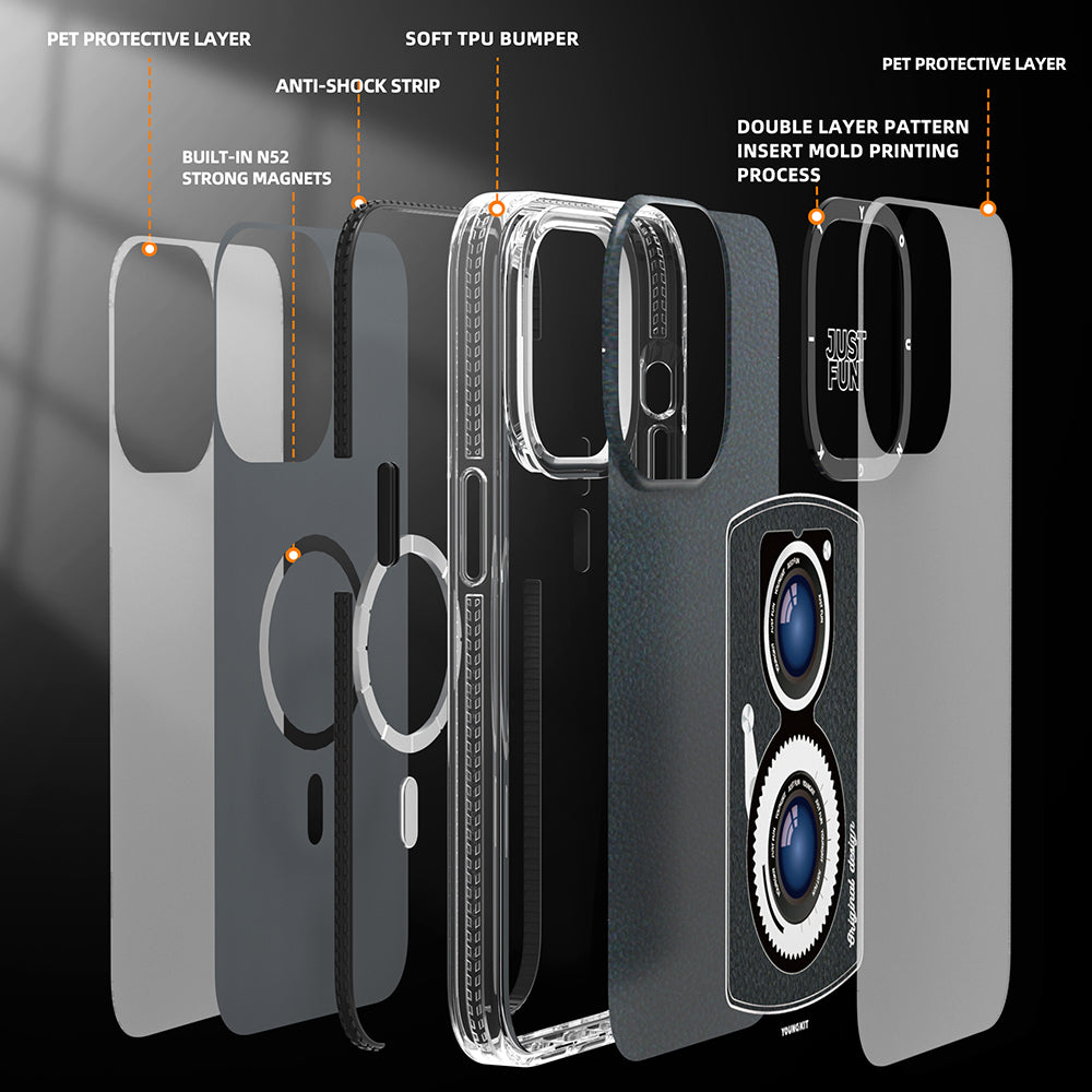 Apple iPhone 14 Pro Kılıf M-safe Şarj Özellikli Lens Figürlü YoungKit Art Film Serisi Kapak Beyaz