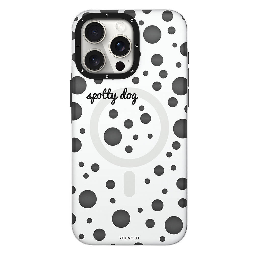 Apple iPhone 14 Pro Kılıf M-safe Şarj Özellikli Polka Dot Desenli Youngkit Spots Serisi Kapak Beyaz