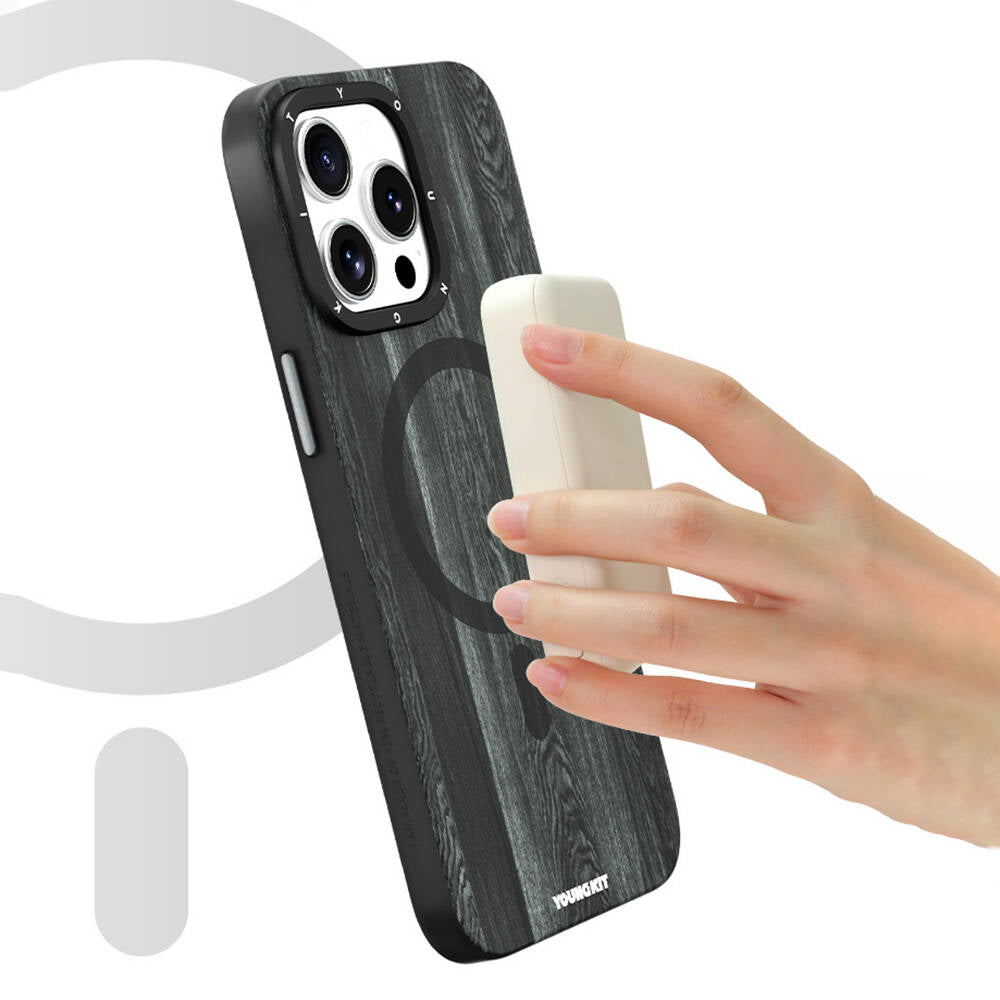 Apple iPhone 14 Pro Kılıf M-safe Şarj Özellikli Sararmaya Dayanıklı Youngkit Wood Forest Serisi Kapak Siyah