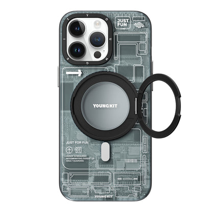 Apple iPhone 14 Pro Kılıf M-safe Şarj Özellikli Youngkit 360° Standlı Technology Serisi Kapak Mavi