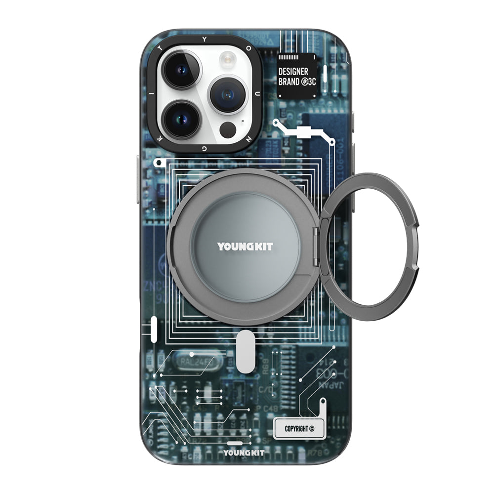 Apple iPhone 14 Pro Kılıf M-safe Şarj Özellikli Youngkit 360° Standlı Technology Serisi Kapak Mavi