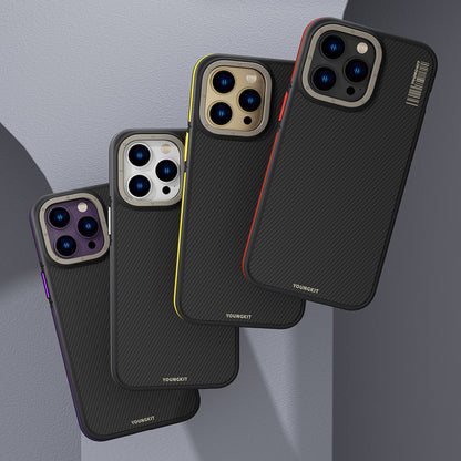 Apple iPhone 14 Pro Kılıf M-safe Şarj Özellikli YoungKit 600D Kevlar Kapak Derin Mor