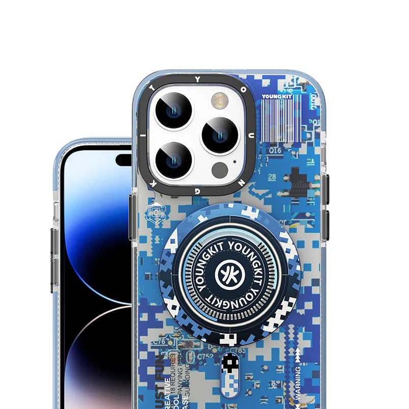 Apple iPhone 14 Pro Kılıf M-safe Şarj Özellikli YoungKit Kamuflaj Serisi Kapak Mavi