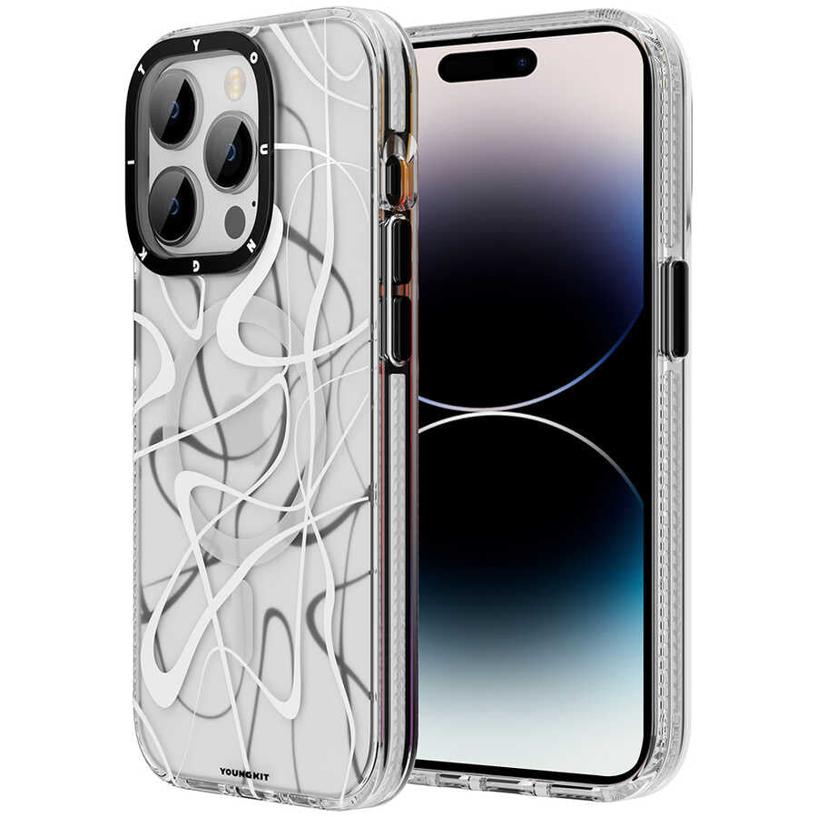 Apple iPhone 14 Pro Kılıf M-safe Şarj Özellikli Youngkit Water-Ink Serisi Kapak Beyaz