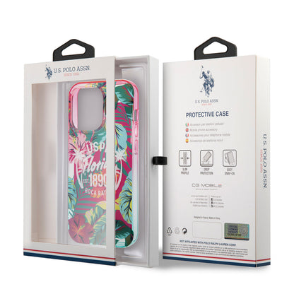 Apple iPhone 14 Pro Kılıf U.S. POLO ASSN. Renkli Yaprak Baskılı Dizayn Kapak Turuncu