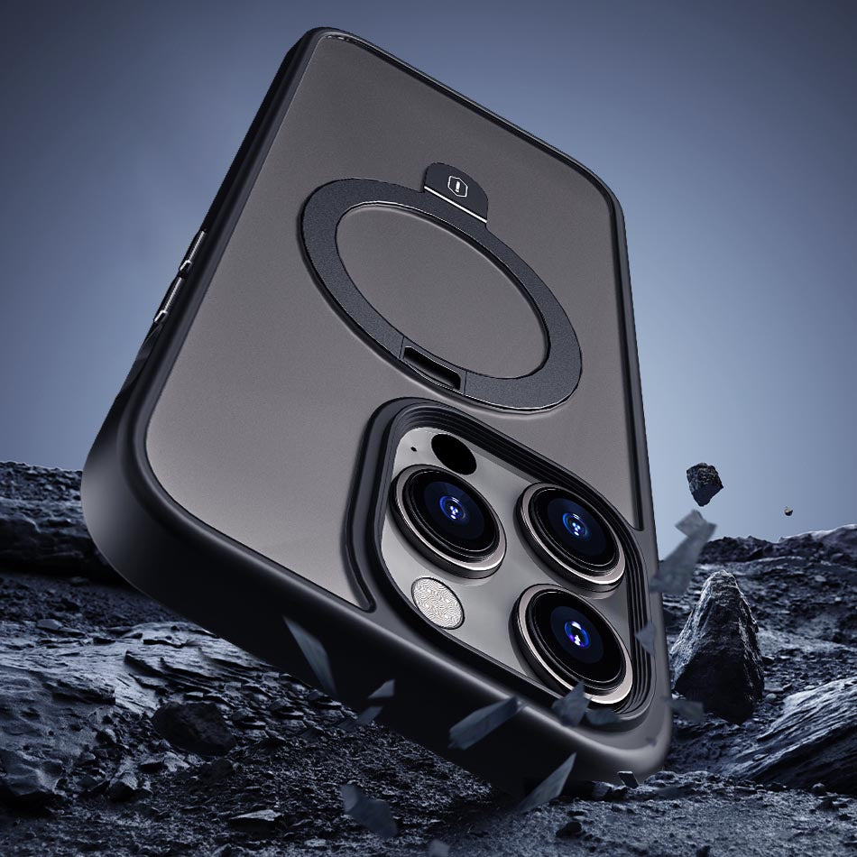 Apple iPhone 14 Pro Kılıf Wiwu ZMM-010 M-safe Şarj Özellikli Parmak İzi Bırakmayan Mat Transparan Standlı Kapak Siyah