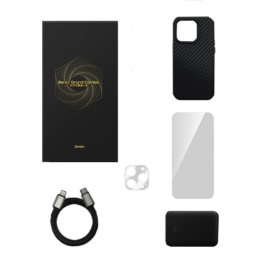 Apple iPhone 14 Pro Max Benks Grand Combo 5in1 Aksesuar Seti Kılıf-Ekran Koruyucu-Lens Koruyucu-Kablo-Powerbank Siyah