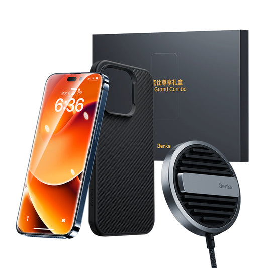 Apple iPhone 14 Pro Max Benks Grand Combo MFM01 3in1 Aksesuar Seti Kılıf-Ekran Koruyucu-Wireless Şarj Aleti Siyah