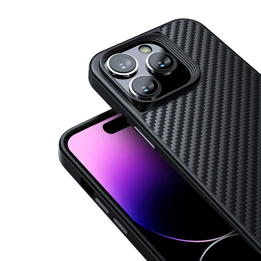 Apple iPhone 14 Pro Max Kılıf Aramid Karbon Fiber M-safe Özellikli Wlons Radison Kapak Siyah