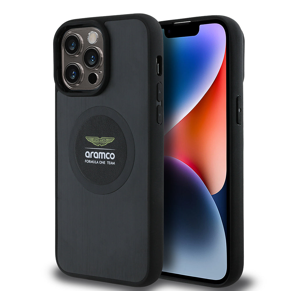 Apple iPhone 14 Pro Max Kılıf Aston Martin Orjinal Lisanslı M-safe Şarj Özellikli Aluminyum Arka Yüzeyli Formula One Team Baskılı Kapak Siyah
