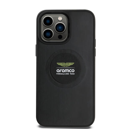 Apple iPhone 14 Pro Max Kılıf Aston Martin Orjinal Lisanslı M-safe Şarj Özellikli Aluminyum Arka Yüzeyli Formula One Team Baskılı Kapak Siyah